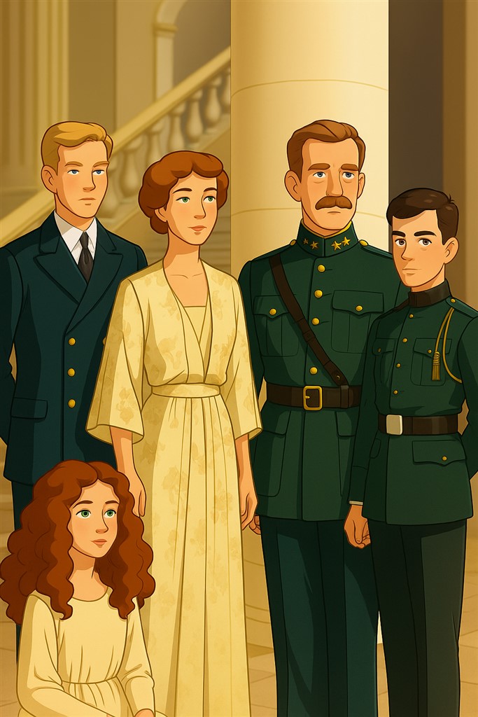 Koningin Elisabeth en koning Albert I en hun drie kinderen: Leopold, Karel en Marie-José