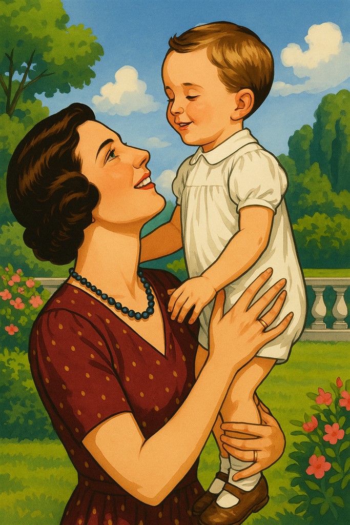 Koningin Astrid met de jonge Boudewijn in een park