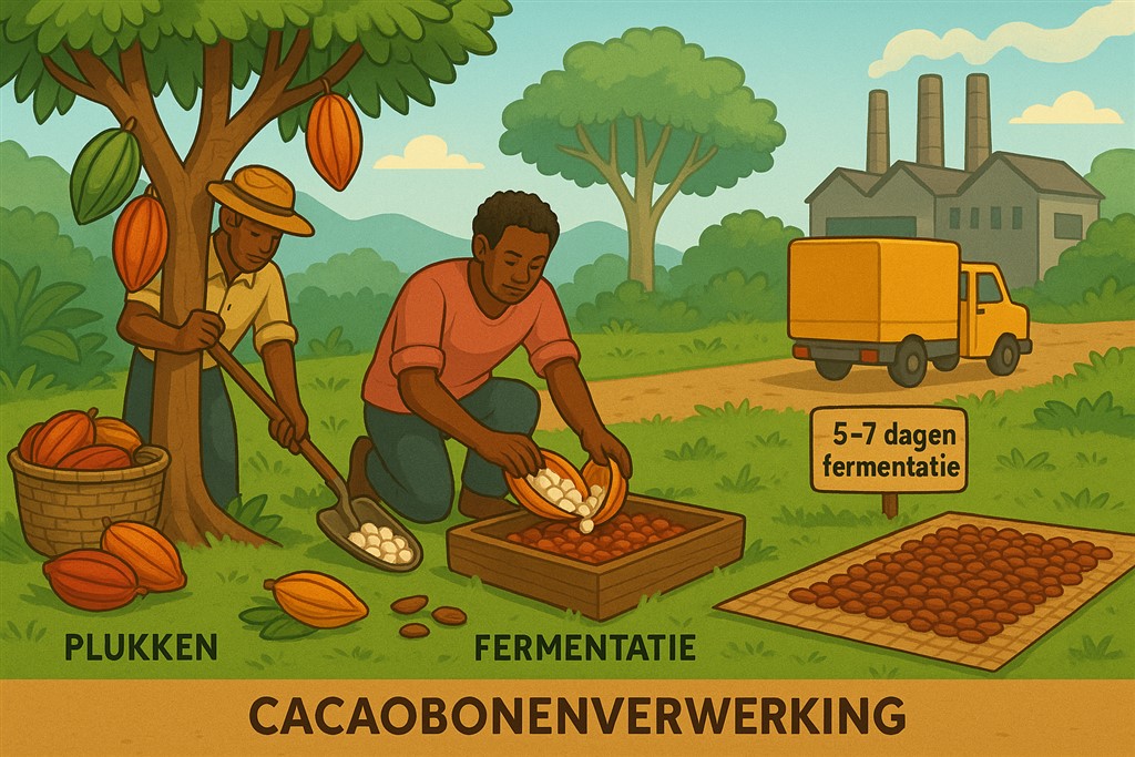 verwerking van cacaobonen in een tropisch landschap