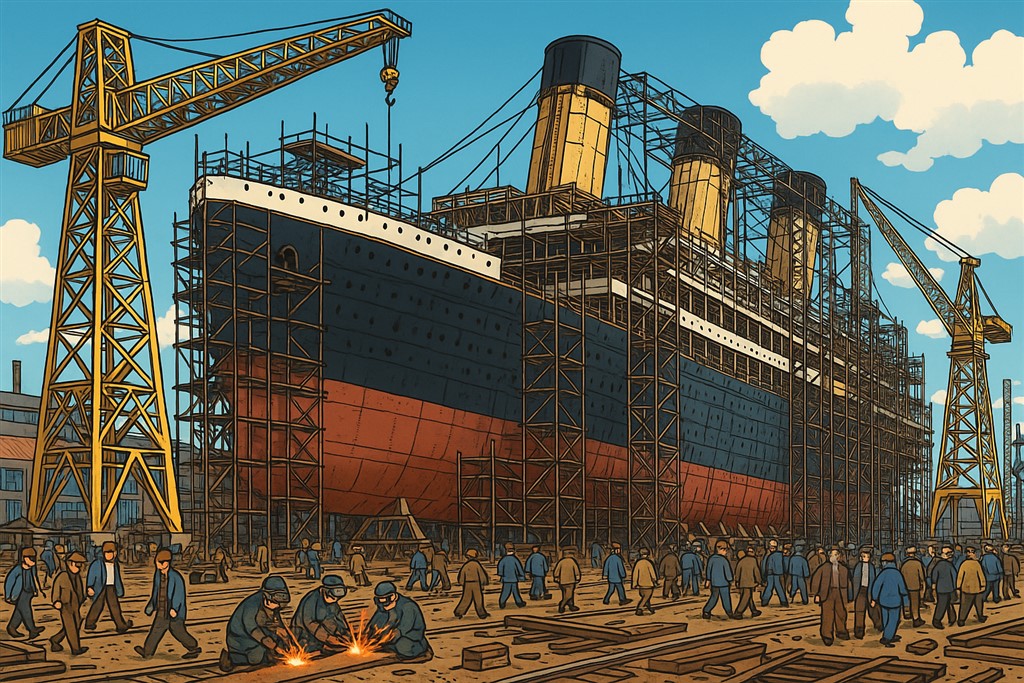 De RMS Titanic op de beroemde scheepswerf Harland & Wolff