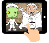 link naar online rekenkleurplaat optellen en aftrekken tot 5 Halloween Frankenstein en vampier