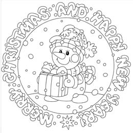 kleurplaat Nieuwjaar sneeuwpop met cadeautjes