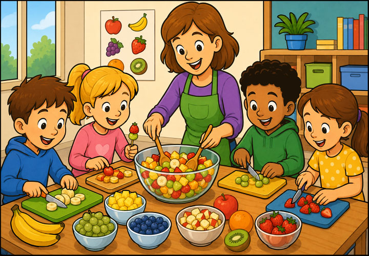 kinderen maken fruitsla in de klas samen met de juf