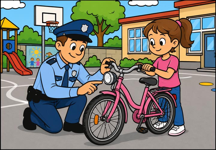 agent doet fietscontrole op school