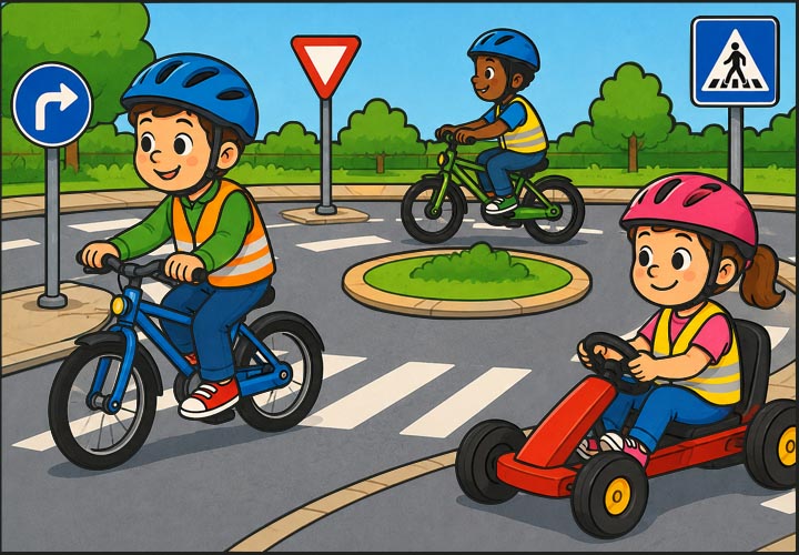 enkele kinderen die oefenen in een verkeerspark