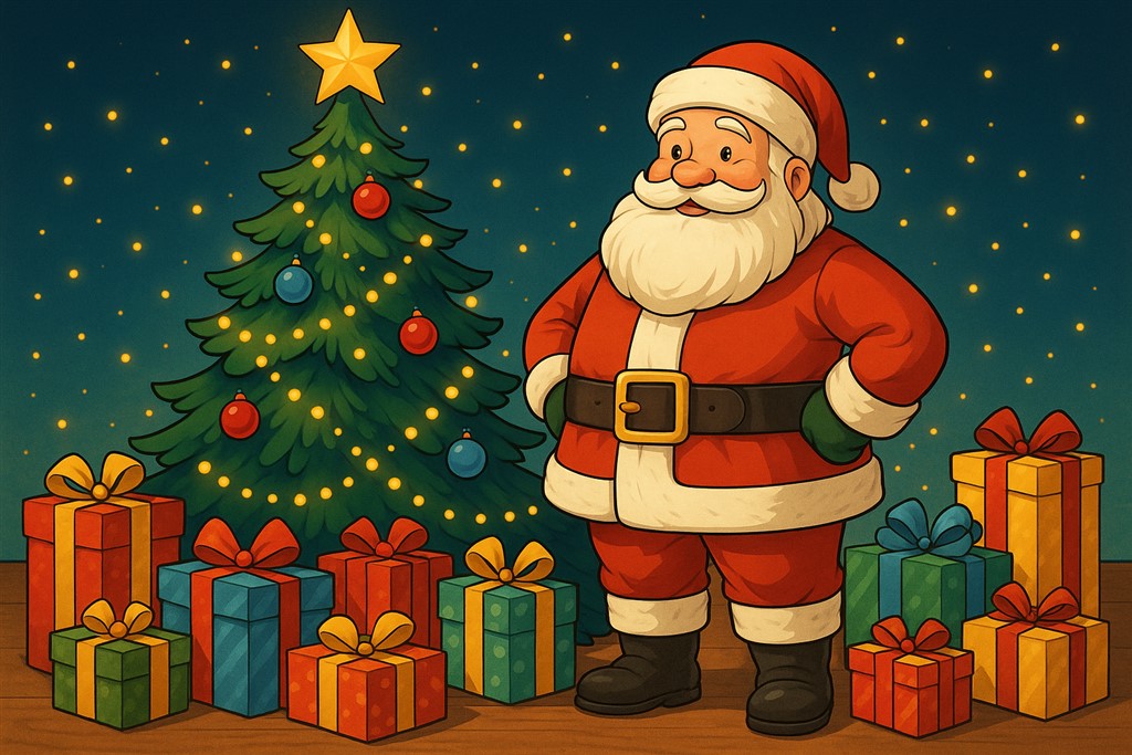 de kerstman bij een kerstboom