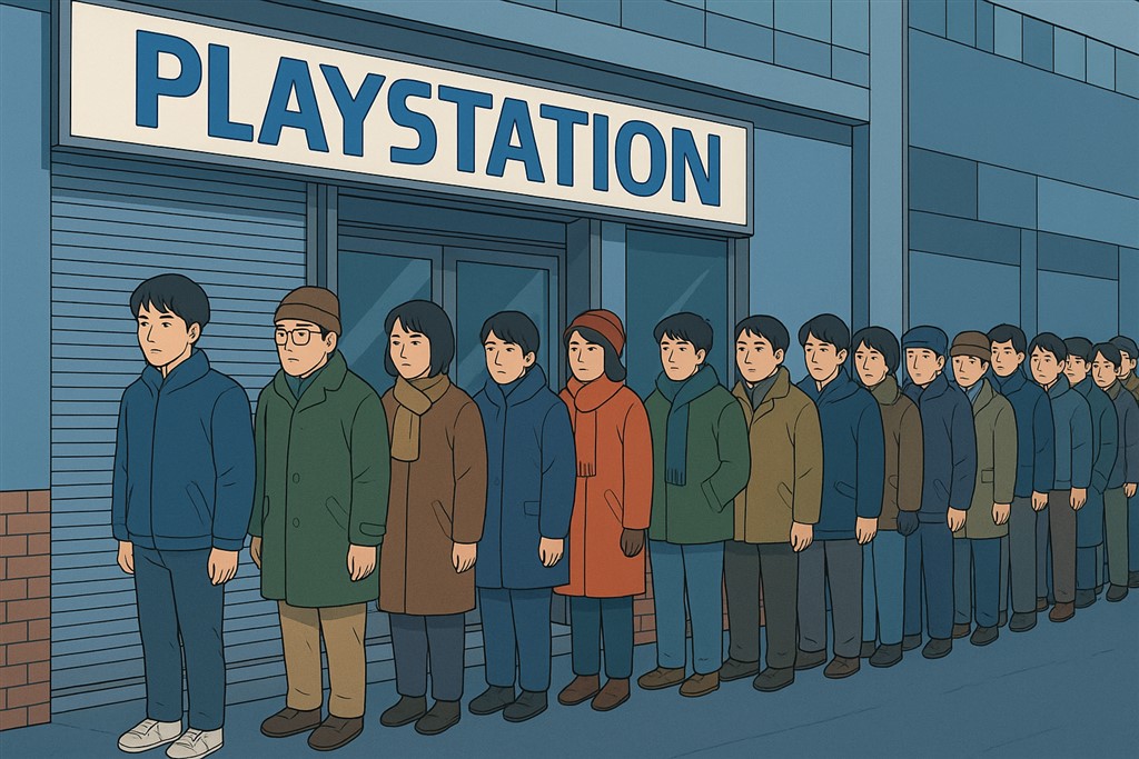 Mensen die in de rij staan aan te schuiven voor een nieuwe playstation